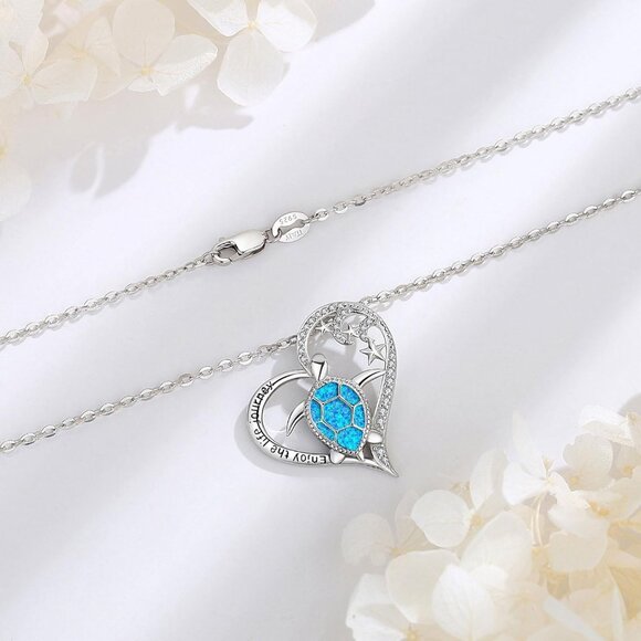 925 Sterling Silver Turtle Necklace with Heart Blue Opal Ocean Jewelry for Women - Picture 3 of 8